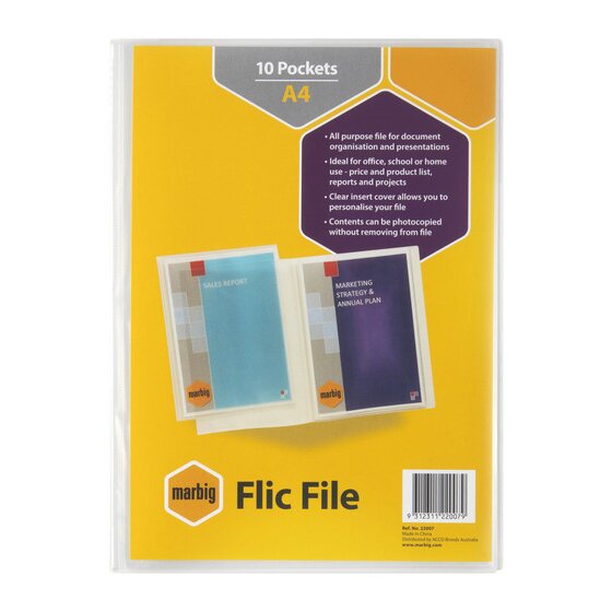 Marbig Flic File Display Book Insert Cover 10 Pocket A4 Clear
