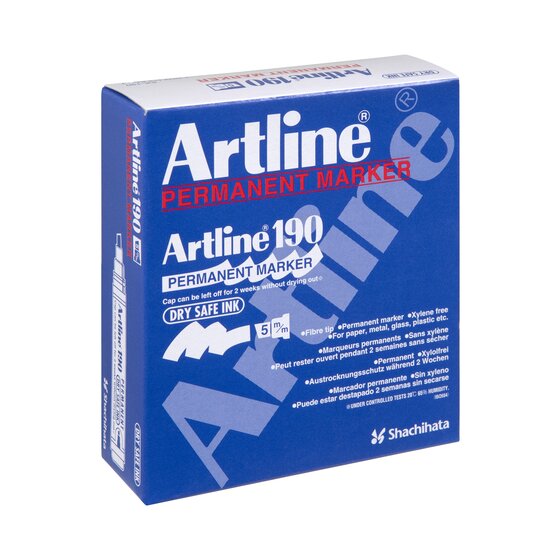 Artline 190 permanent marker box, angled view showing the Dry Safe Ink panel and the 5 m/m nib symbol
