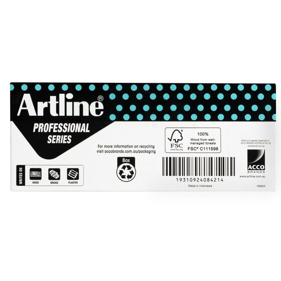 Back of the Artline Professional Series carpenter pencil box with a barcode, Made in Indonesia and code 195802