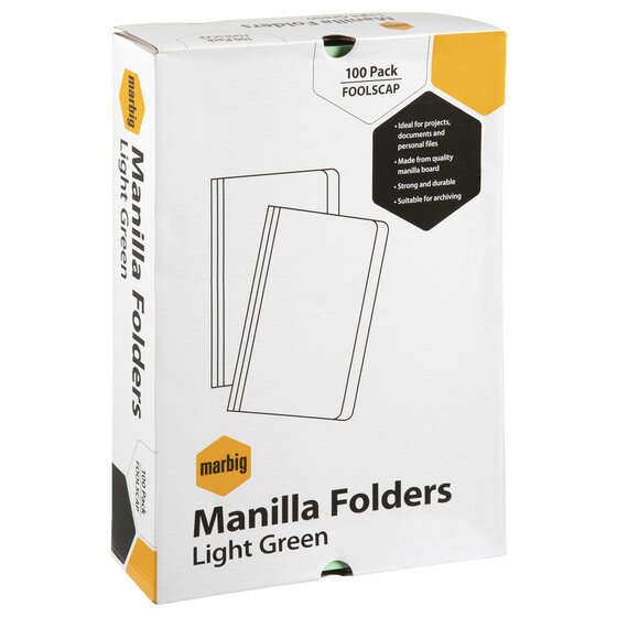 Marbig Manilla Folder Foolscap Light Green Box of 100