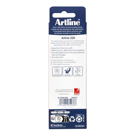 Back of the Artline 220 single pack printed EK-220N/1BXV BLACKx1, barcode 4974052819766 and Made in MALAYSIA