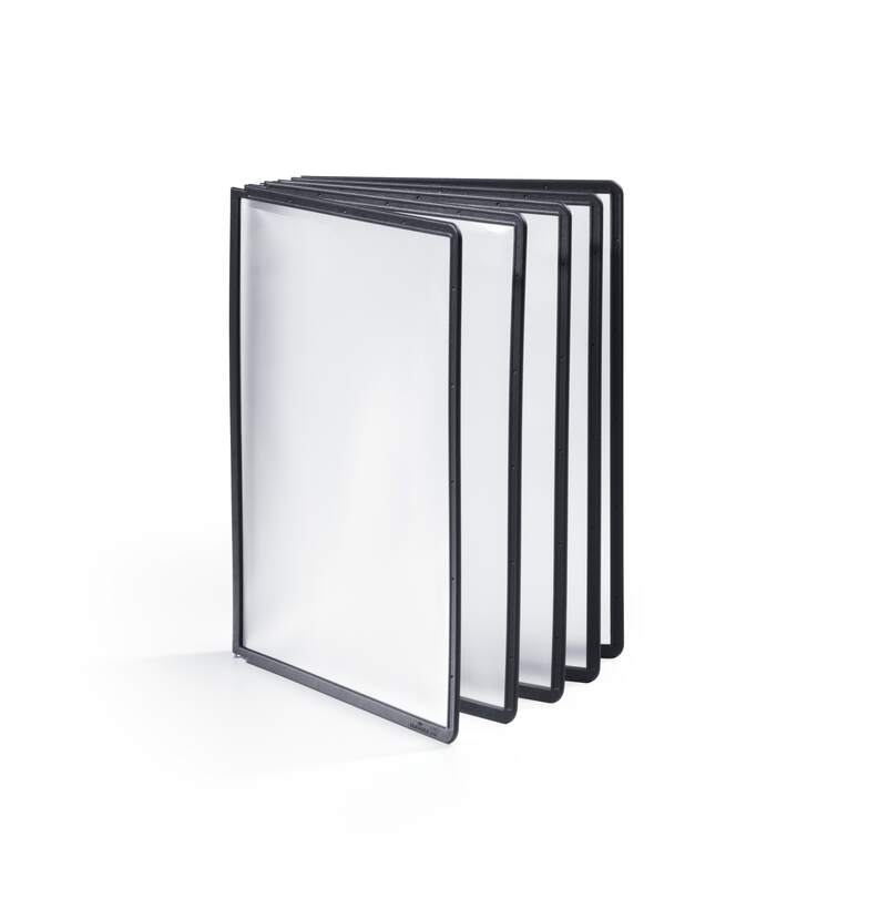 Five Durable SHERPA A4 display panels with black frames standing together