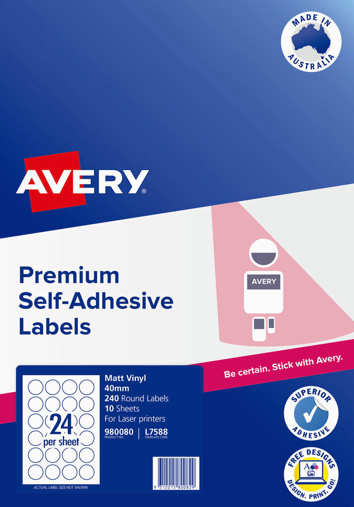 Avery Durable Round Labels L7588 10 Pack 40mm Diameter 24UP