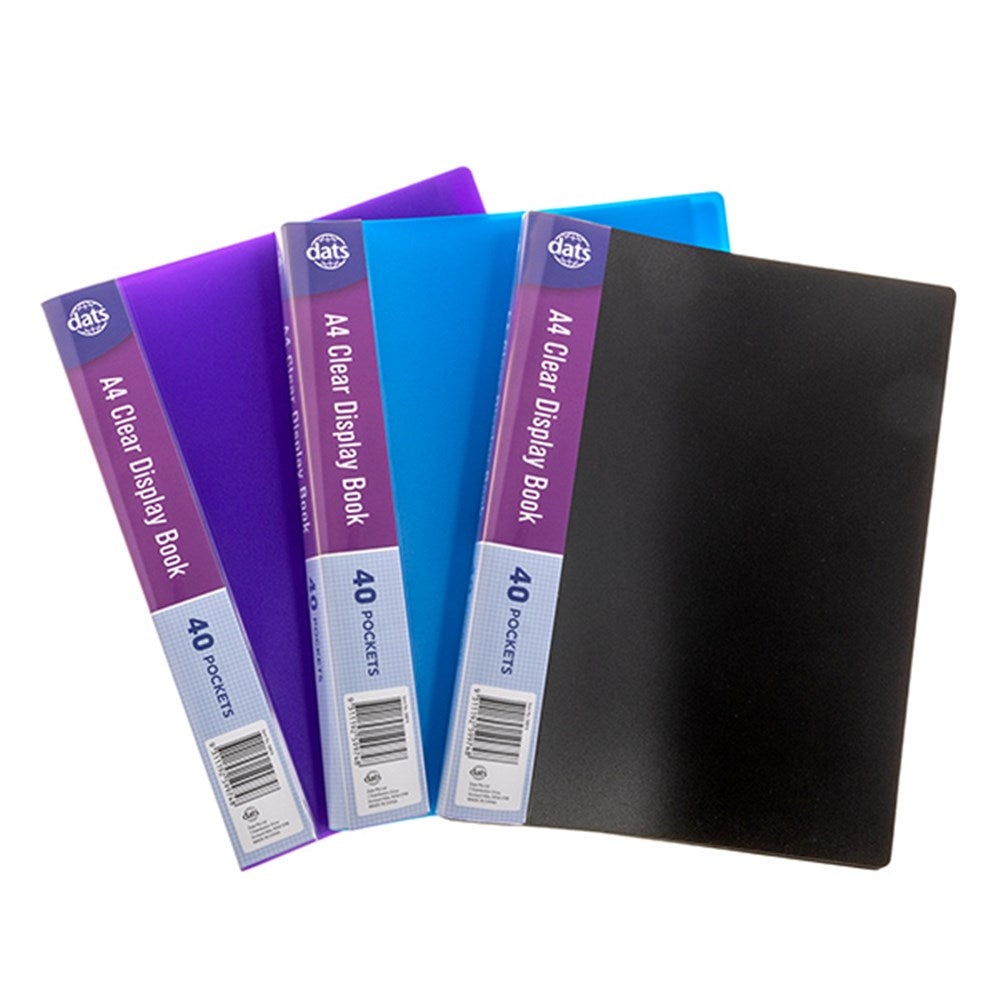 Three Dats A4 Clear Display Books in purple, light blue and black, each with a spine label reading A4 Clear Display Book, 40 Pockets.