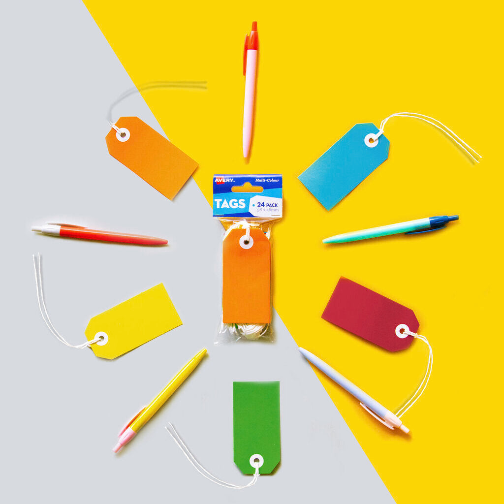 Avery Bright Multi-Colour Tags 96 x 48mm with String Pack 24