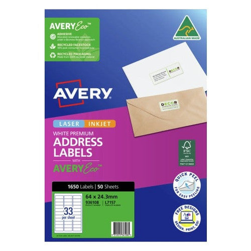Avery Premium Address Labels with AveryEco L7157 64 x 24.3mm 33UP Pack 1650