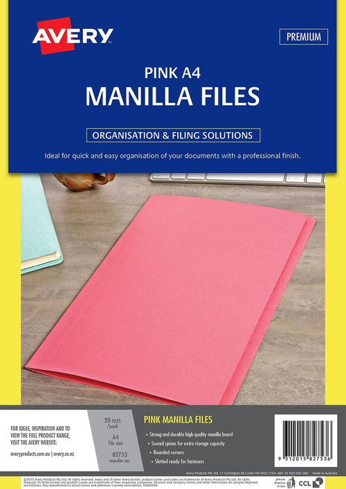 Avery Manilla Folders A4 Pink Pack of 20