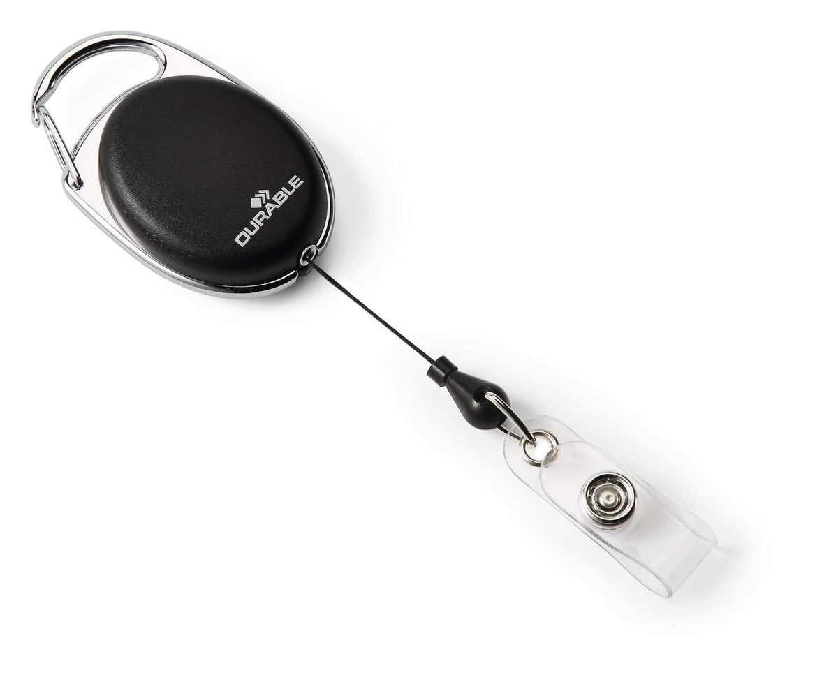 Durable Style oval badge reel in black with metal clip and clear snap strap, front view