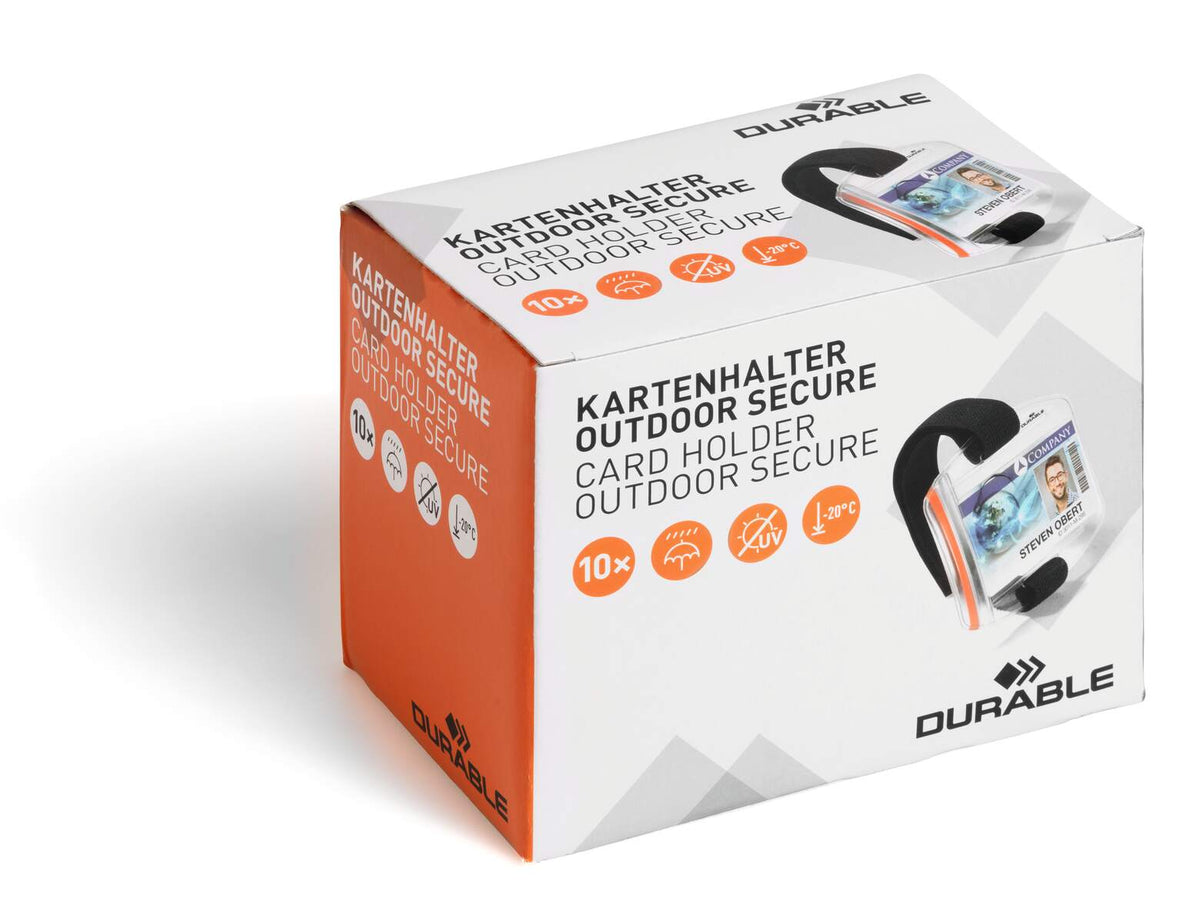 Durable OUTDOOR SECURE card holder box with an arm band holder pictured on the pack