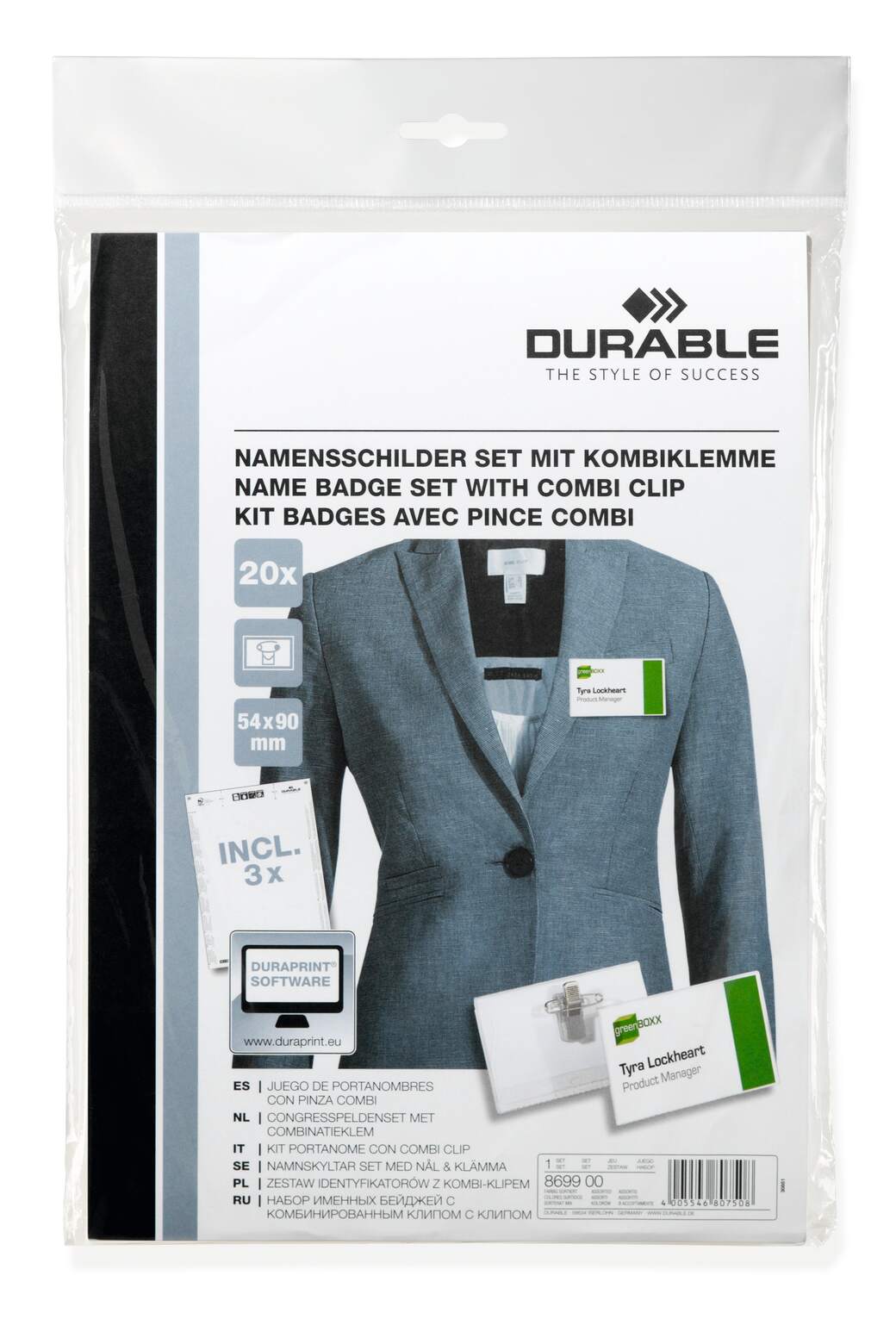 Durable name badge set with combi clip in its retail bag, showing a badge worn on a jacket