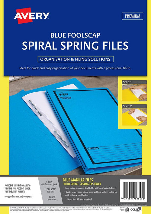 Avery Blue Spiral Spring Action File Black Print Foolscap 270gsm 5 Pack