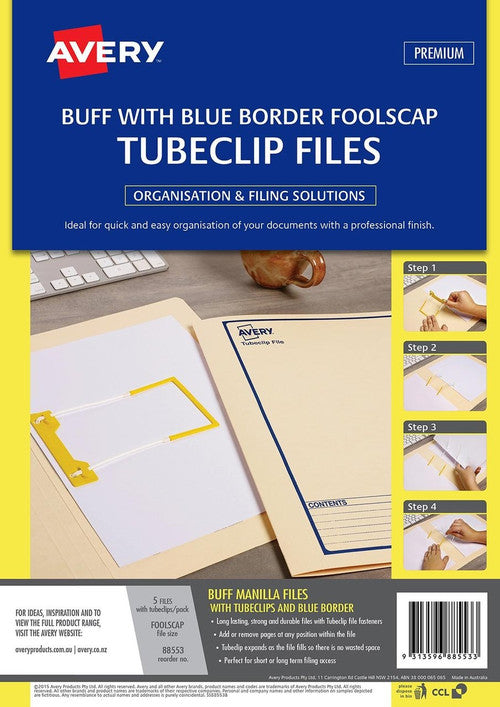Avery Buff Tubeclip File Blue Print Foolscap 326gsm 5 Pack
