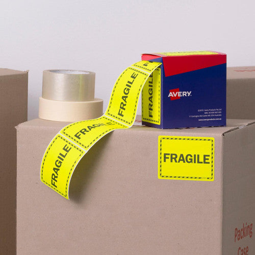 Avery Fragile Labels Fluoro Yellow 99.6 x 75mm Roll 750