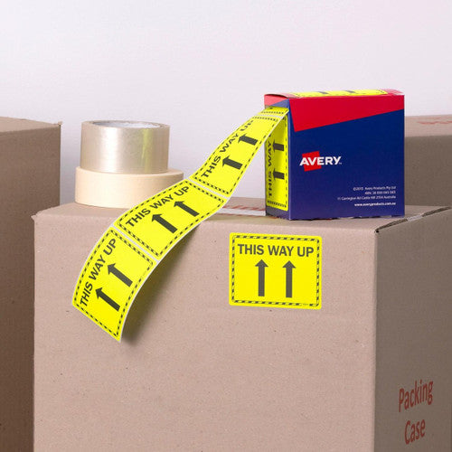 Avery This Way Up Labels Fluoro Yellow 99.6 x 75mm Roll 750