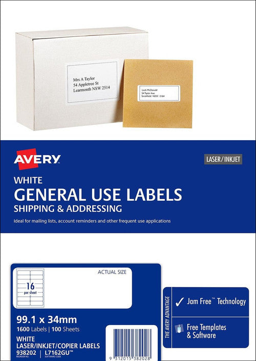 Avery White General Use Labels L7162GU 99.1 x 34mm 16UP 1600 Labels