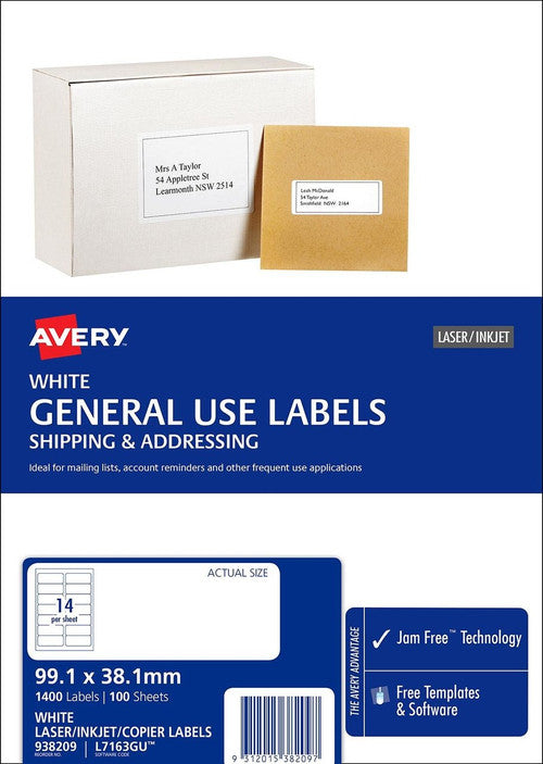 Avery White General Use Labels L7163GU 99.1 x 38.1mm 14UP 1400 Labels