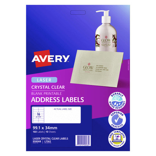 Avery Crystal Clear Address Labels L7562 99.1 x 34mm 16UP 160 Labels