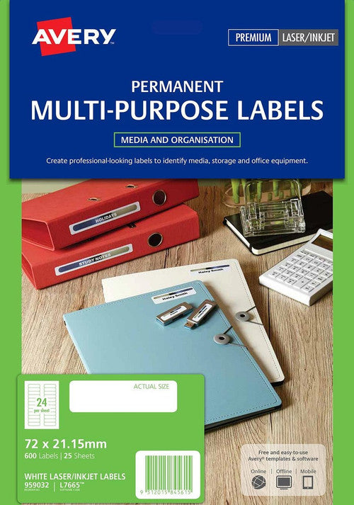 Avery Permanent Multi-purpose Labels 72 x 21.2mm Pack 600