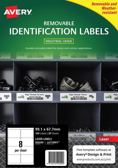 Avery Removable White Heavy Duty Labels L4715REV 99.1 x 67.7mm 8UP 160 Labels