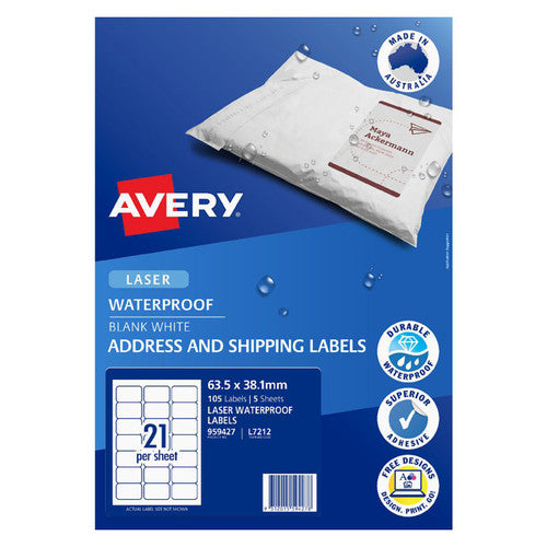 Avery White Waterproof Labels L7212 63.5 x 38.1mm 21UP 105 Labels