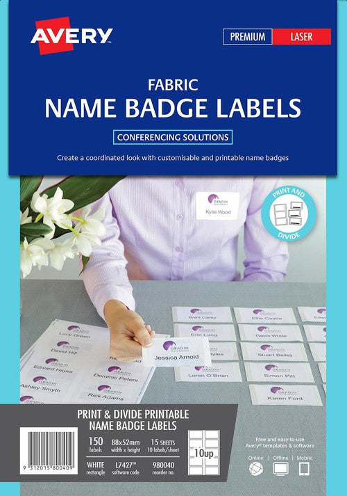 Avery Fabric Print and Divide Name Badge Labels L7427 88 x 52mm 150 Pack