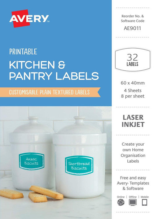Avery Kitchen and Pantry Labels 60 x 40mm Assorted Shapes Permanent 32 Pack