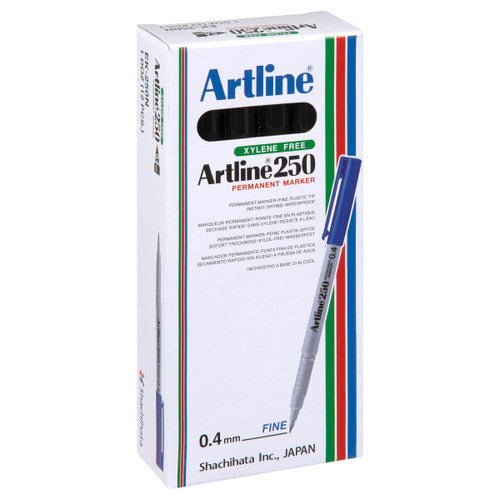 Artline 250 Permanent Marker 0.4mm Plastic Nib Black Box of 12