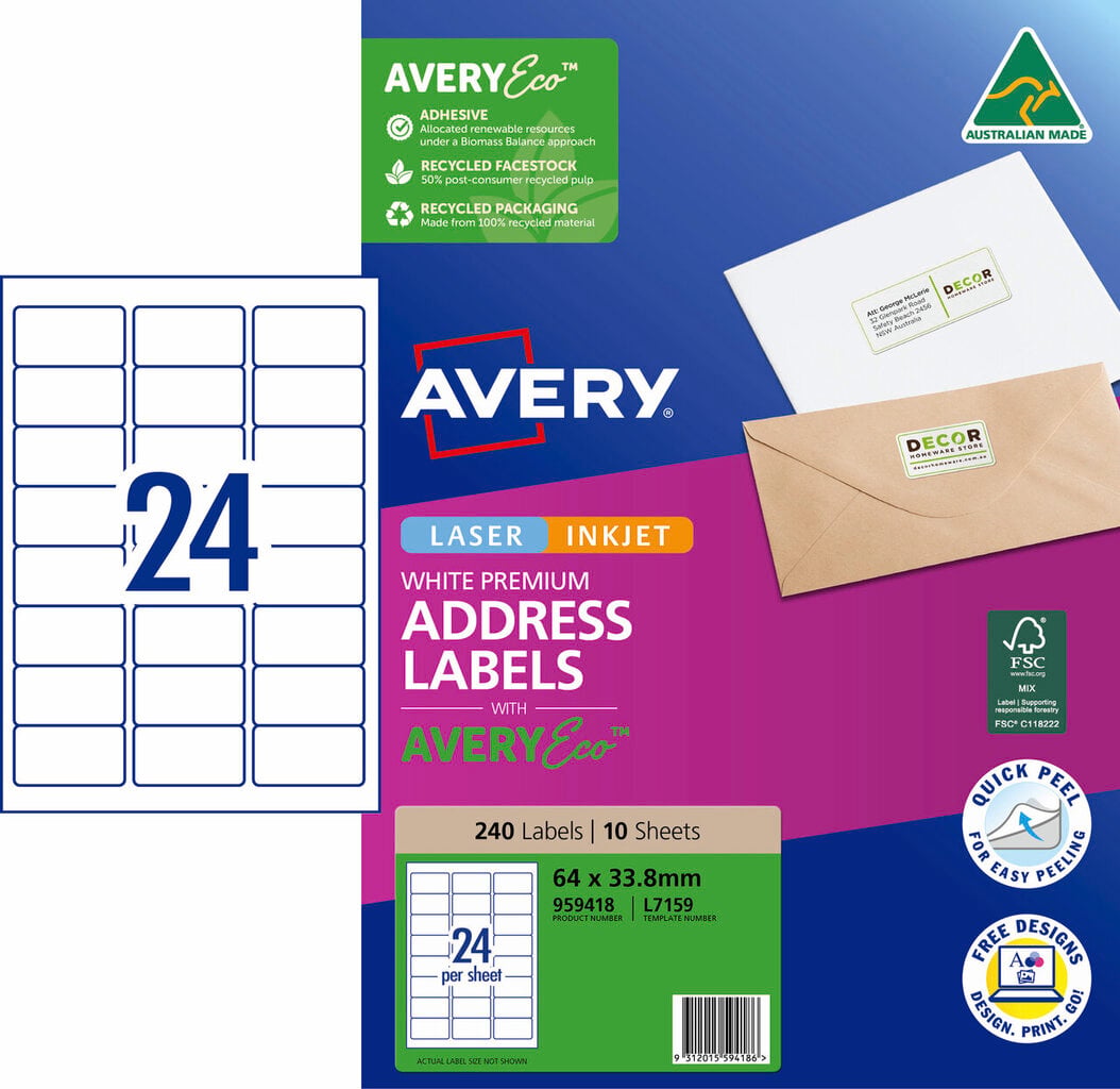 AveryEco Quick Peel Address Labels with Sure Feed L7159 240 Pack 64 x 33.8mm Laser Inkjet White 24UP
