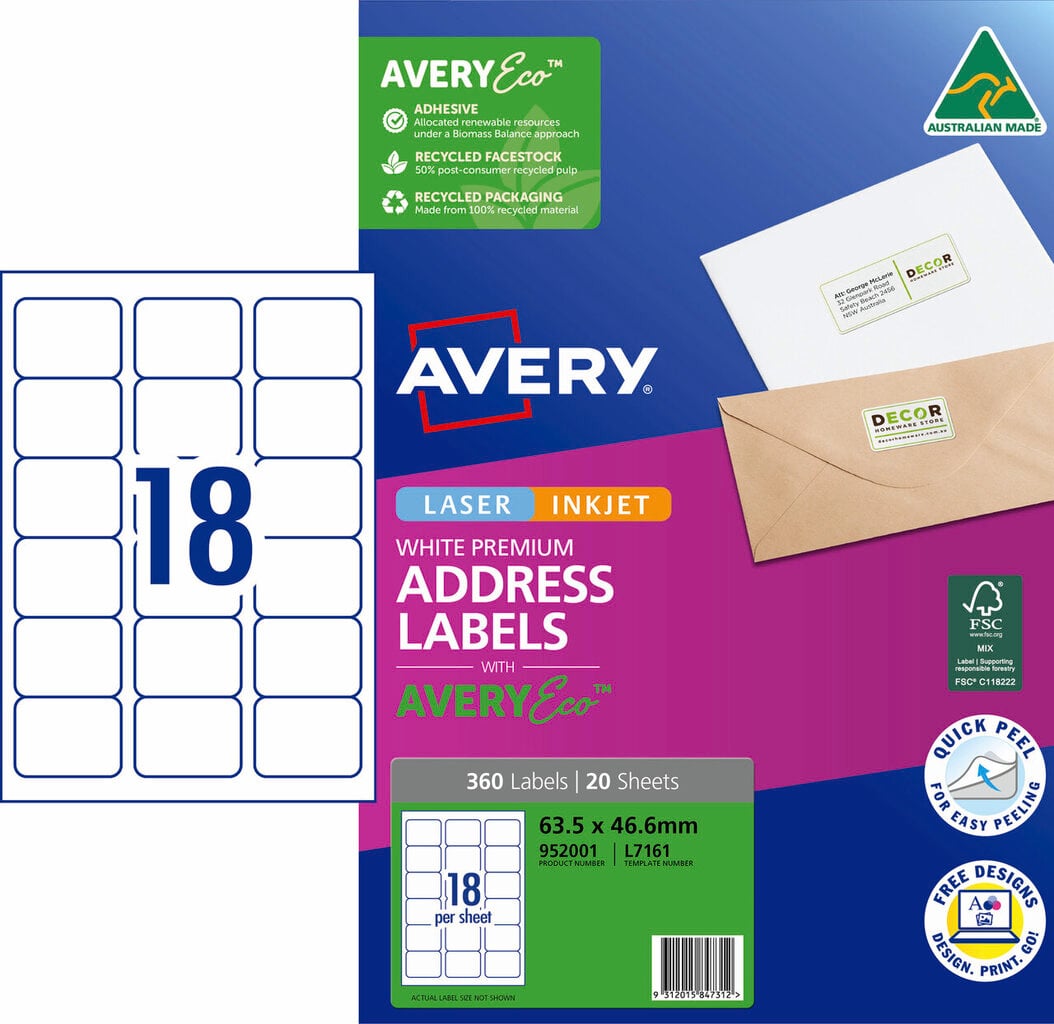 AveryEco Quick Peel Address Labels with Sure Feed L7161 360 Pack 63.5 x 46.6mm Laser White 18UP