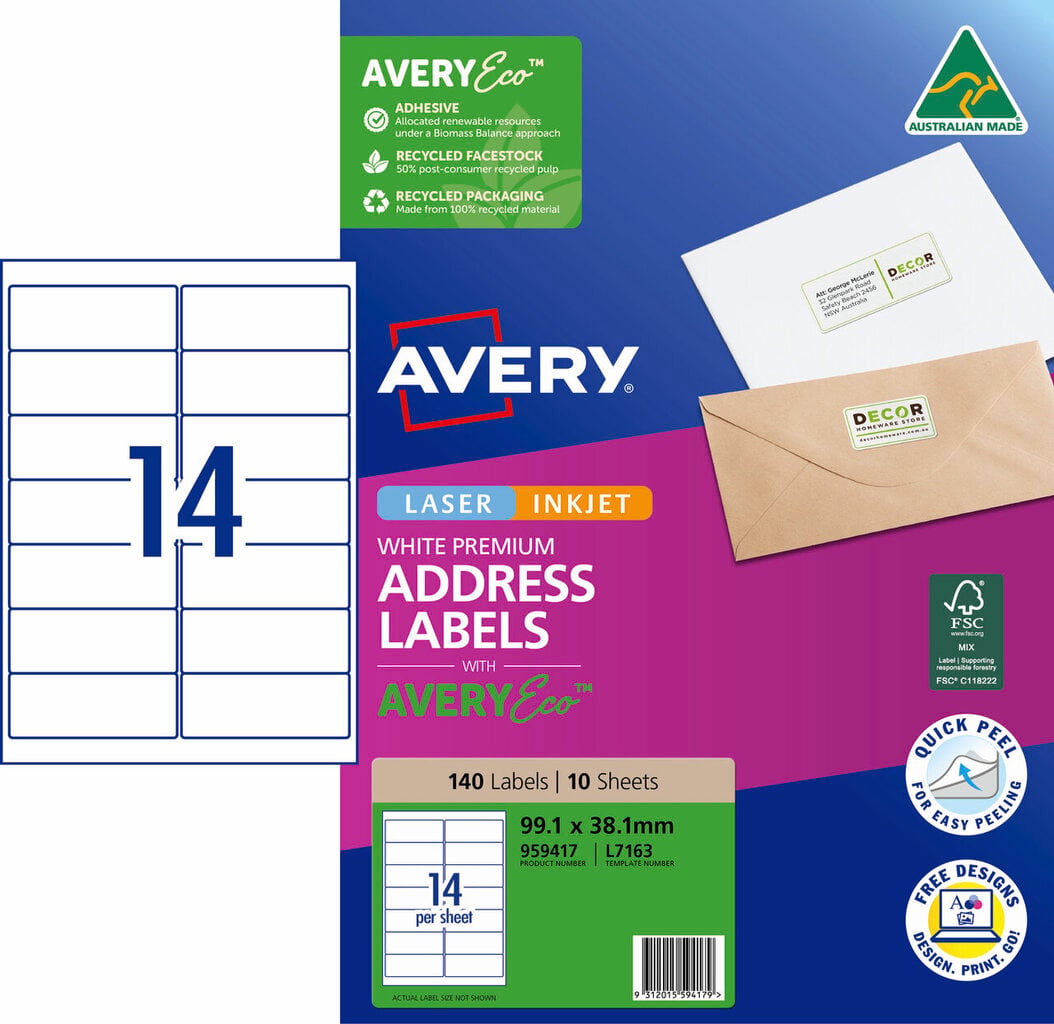 AveryEco Quick Peel Address Labels with Sure Feed L7163 140 Pack 99.1 x 38.1mm Laser Inkjet White 14UP