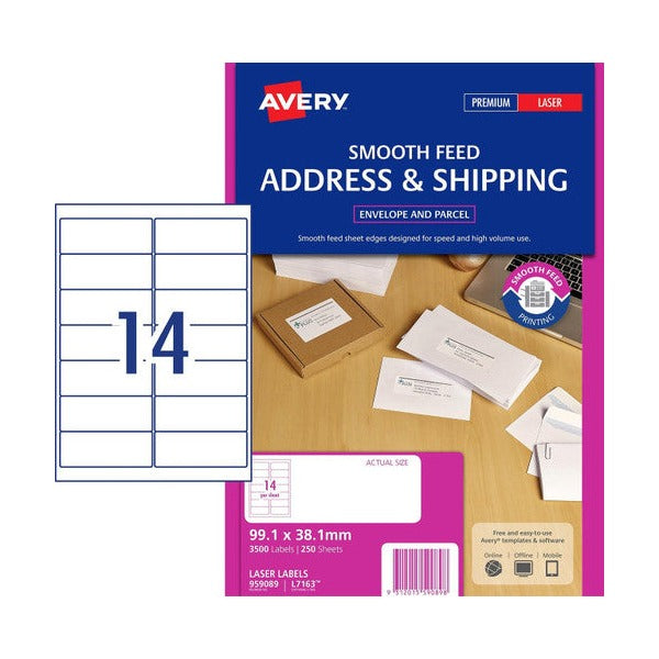 Avery White Address Labels Smooth Feed L7163 99.1 x 38.1mm 14UP 3500 Labels
