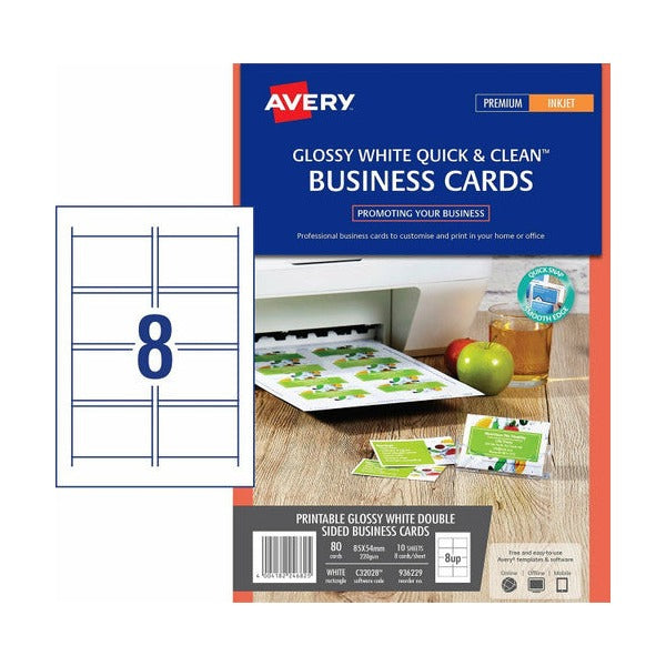 Avery White Quick and Clean Inkjet Business Card Gloss 220gsm 8UP