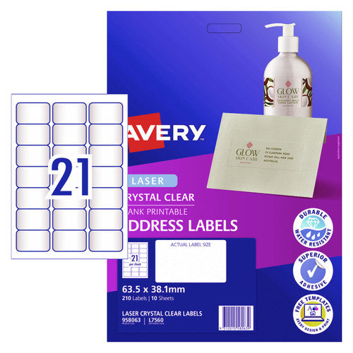 Avery Crystal Clear Address Labels L7560 63.5 x 38.1mm 21UP 210 Labels