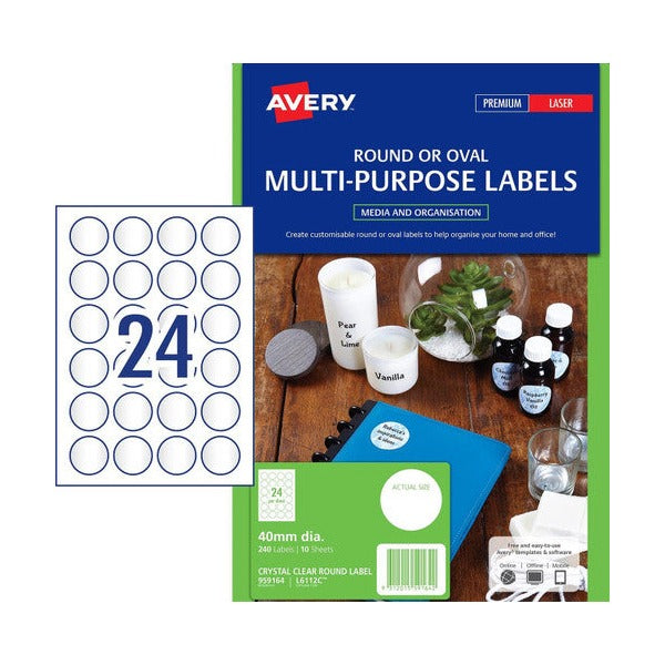Avery Crystal Clear Round Multi-purpose Labels L6112C 40mm diameter Pack 240