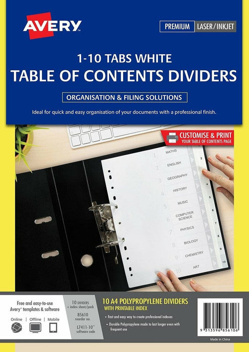 Avery White Polypropylene Index Dividers 1-10 10 Tab L7411-10