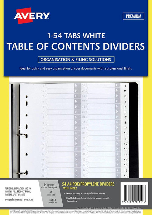 Avery White Polypropylene Index Dividers 1-54 54 Tab