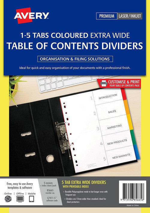Avery Extra Wide Multi-Coloured Polypropylene Index Dividers 5 Tab L7411-5