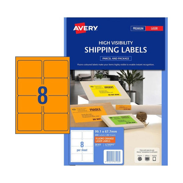 Avery Fluoro Orange High Visibility Shipping Labels 99.1 x 67.7mm Pack 200