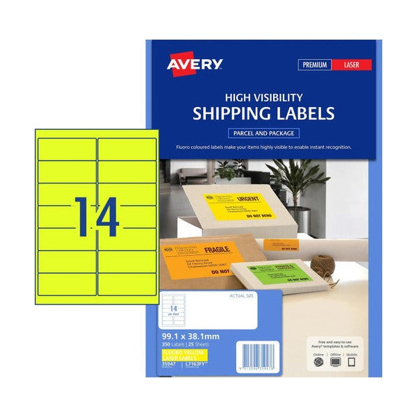 Avery Fluoro Yellow High Visibility Shipping Labels L7163FY 99.1 x 38.1mm 14UP 350 Pack