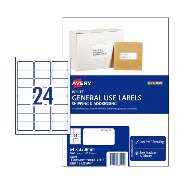 Avery White General Use Labels L7159GU 64 x 33.8mm 24UP 2400 Labels
