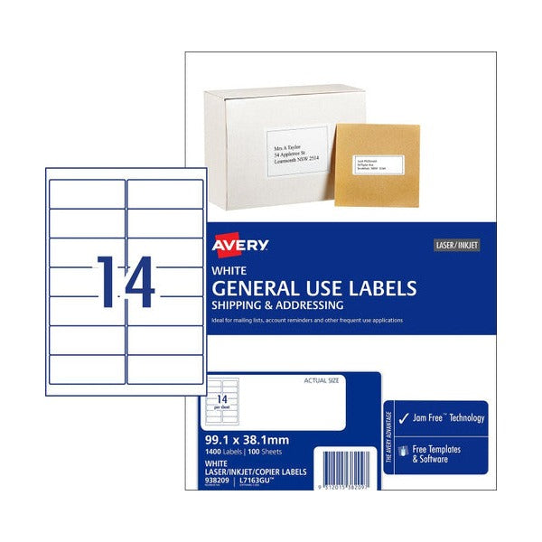 Avery White General Use Labels L7163GU 99.1 x 38.1mm 14UP 1400 Labels