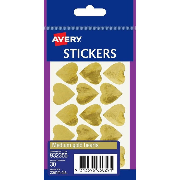 Avery Gold Medium Hearts Multi-Purpose Stickers 23mm Diameter 30 Pack