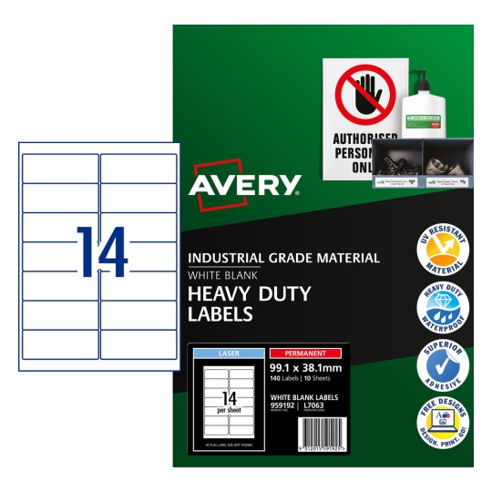 Avery White Heavy Duty Labels L7063 99.1 x 38.1mm 14UP 140 Labels