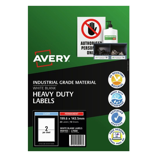 Avery White Heavy Duty Permanent Laser Label 2up 199.6x143.5mm