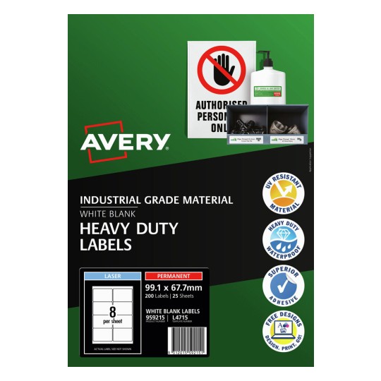 Avery White Heavy Duty Permanent Laser Label 8up 99.1x67.7mm