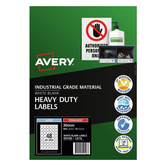 Avery White Heavy Duty Round Permanent Laser Label 48up 30mm Diameter