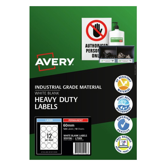 Avery White Heavy Duty Round Permanent Laser Label 12up 60mm Diameter