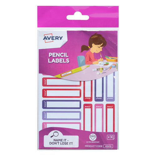 Avery Kids Pencil Labels Pink and Purple 52 x 12mm Pack 30