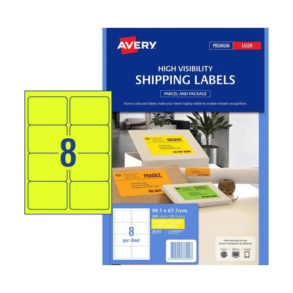 Avery Fluoro Yellow High Visibility Shipping Labels 99.1 x 67.7mm Pack 200