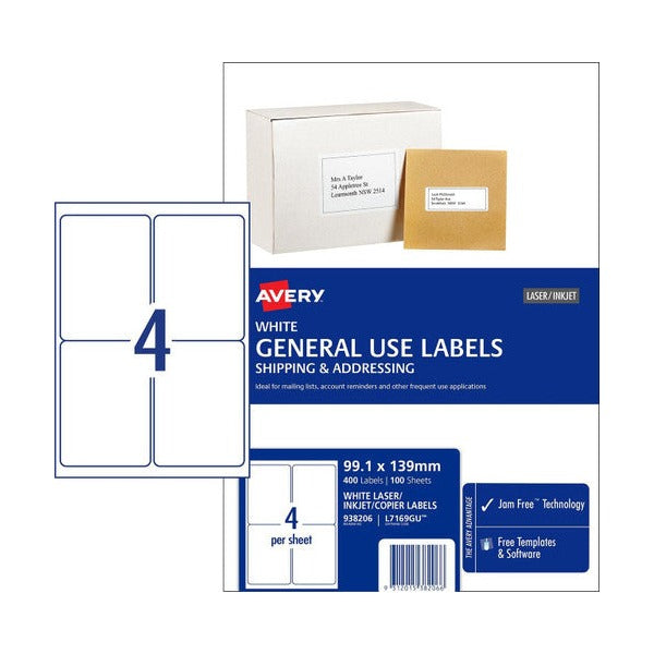 Avery White General Use Labels L7169GU 99.1 x 139mm 4UP 400 Labels